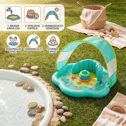 Uufblasbari Wässerspiilmatte für Babys mit Sonne-Schutz – Perfekt für de Summer