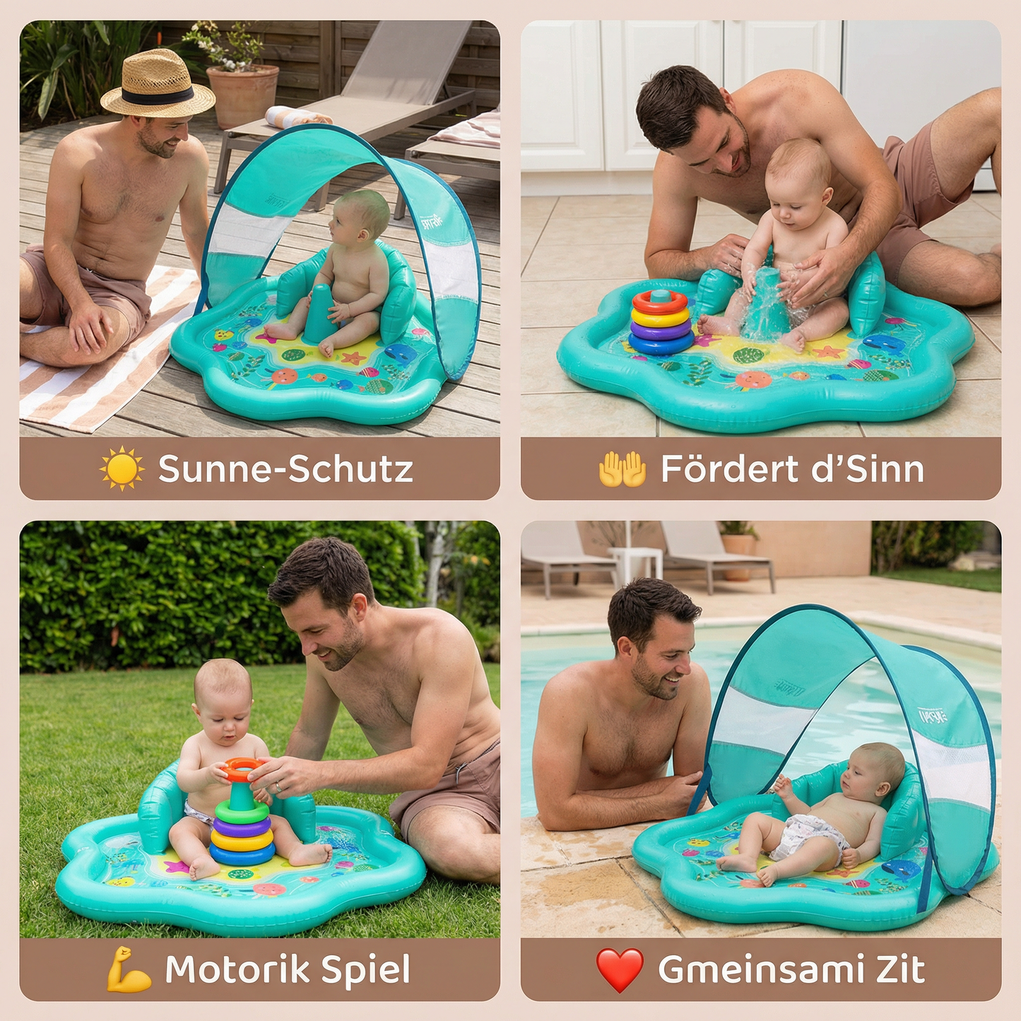 Uufblasbari Wässerspiilmatte für Babys mit Sonne-Schutz – Perfekt für de Summer