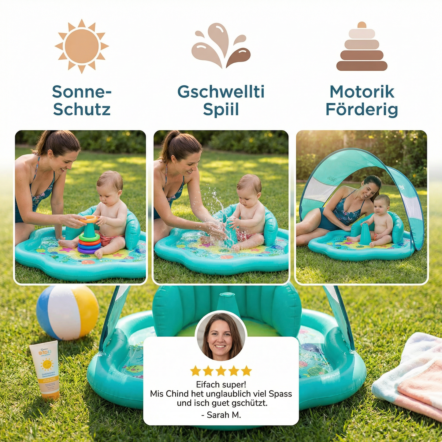 Uufblasbari Wässerspiilmatte für Babys mit Sonne-Schutz – Perfekt für de Summer