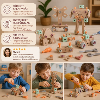 144-teiliges Kinder-Werkzeugset mit Bohrmaschine & Werkzeugkoffer – STEM Montessori-Bauset