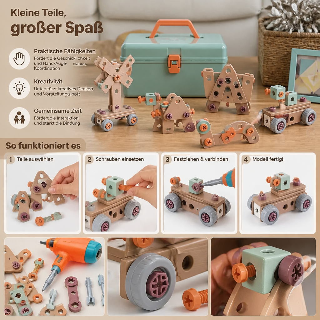 144-teiliges Kinder-Werkzeugset mit Bohrmaschine & Werkzeugkoffer – STEM Montessori-Bauset