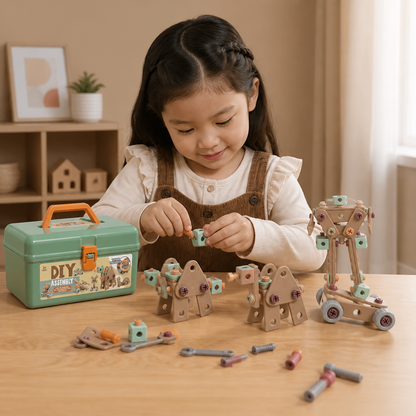 144-teiliges Kinder-Werkzeugset mit Bohrmaschine & Werkzeugkoffer – STEM Montessori-Bauset