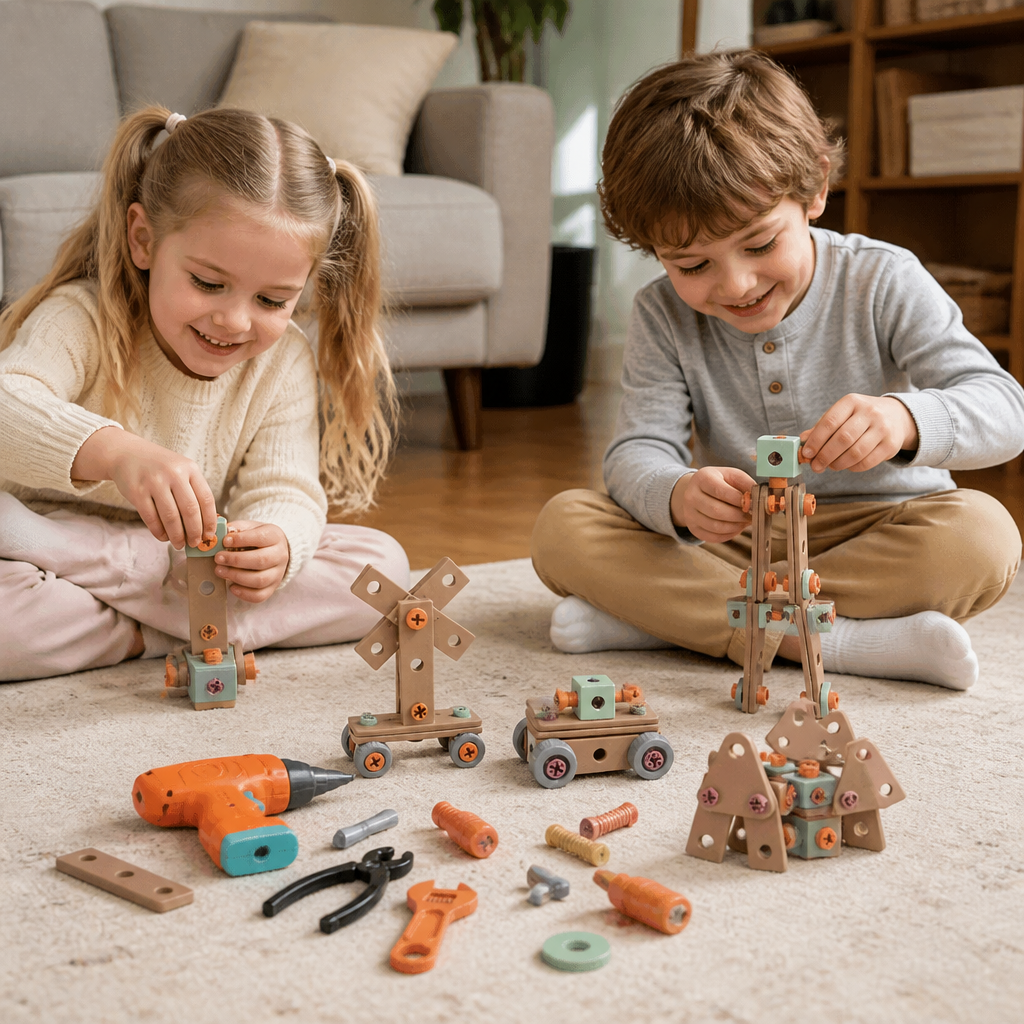 144-teiliges Kinder-Werkzeugset mit Bohrmaschine & Werkzeugkoffer – STEM Montessori-Bauset