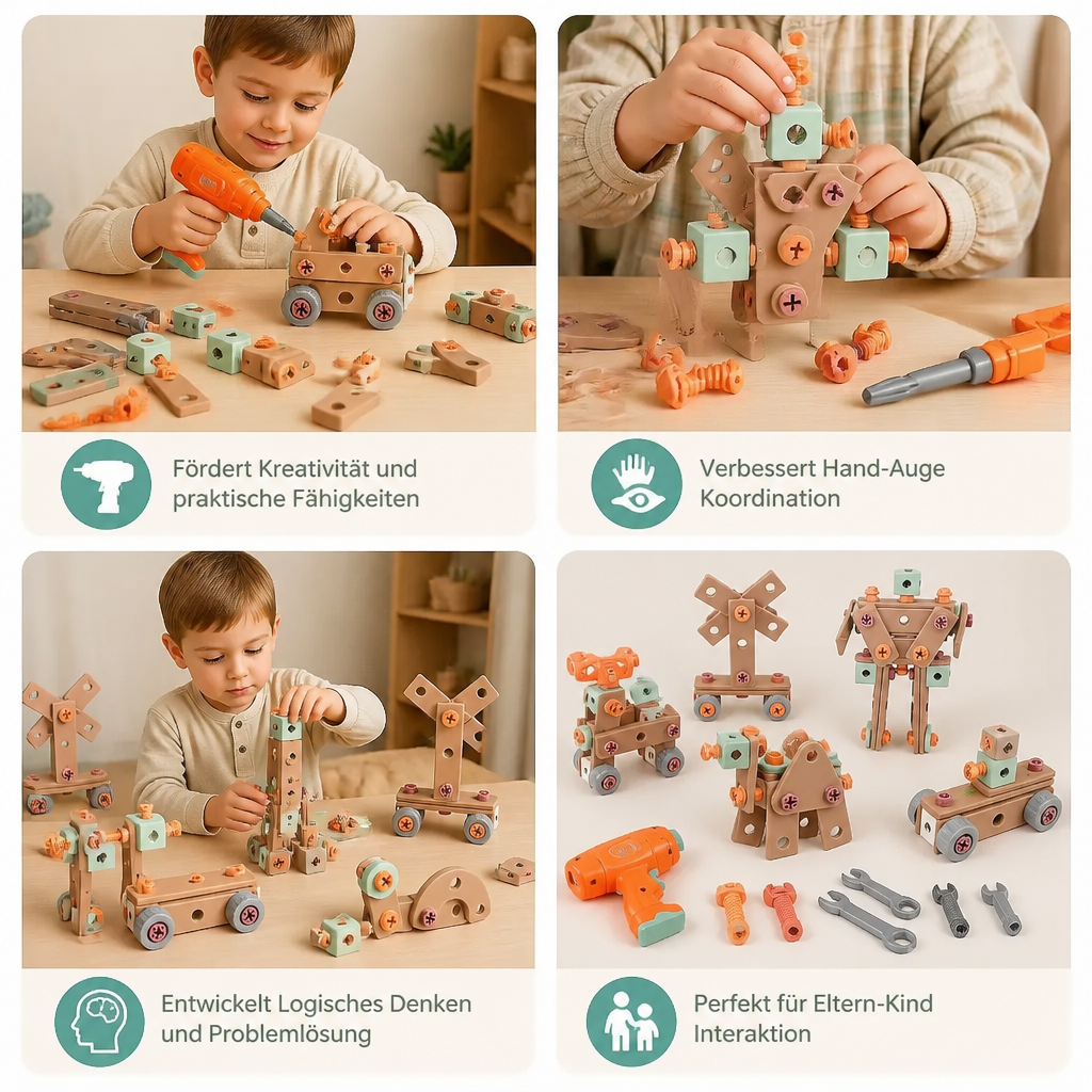 144-teiliges Kinder-Werkzeugset mit Bohrmaschine & Werkzeugkoffer – STEM Montessori-Bauset