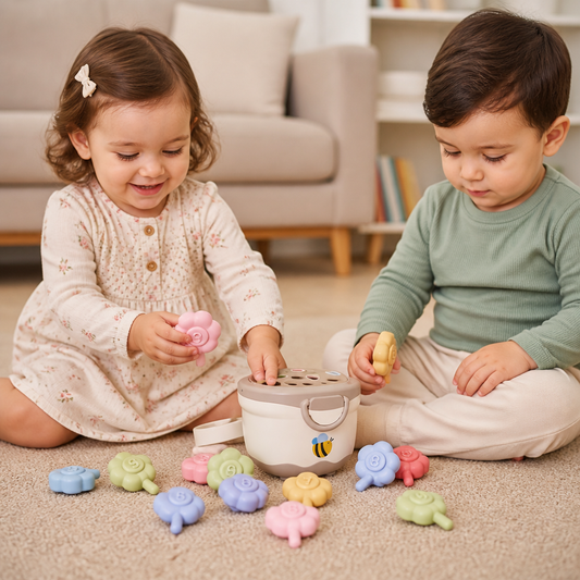 Montessori-Lernspiel mit Blumentopf zum Zuordnen von Farben & Zahlen