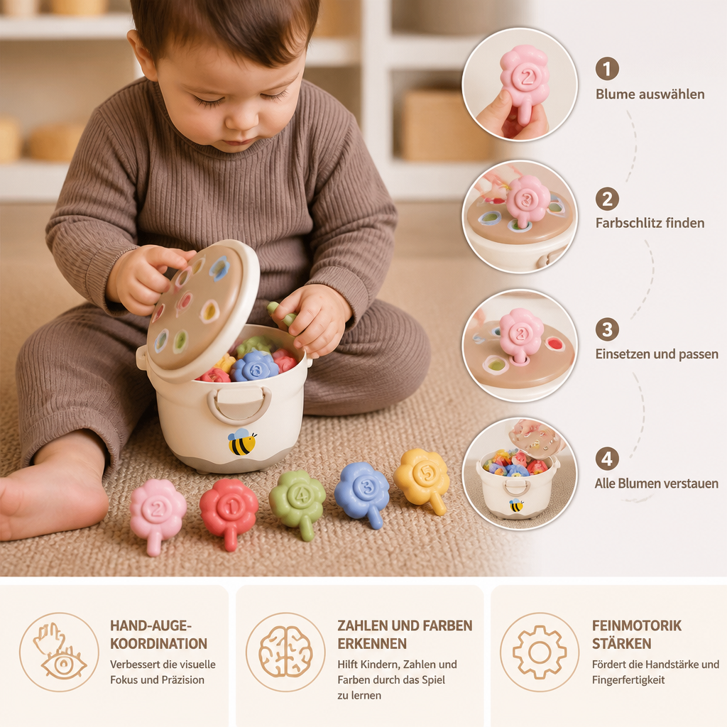 Montessori-Lernspiel mit Blumentopf zum Zuordnen von Farben & Zahlen