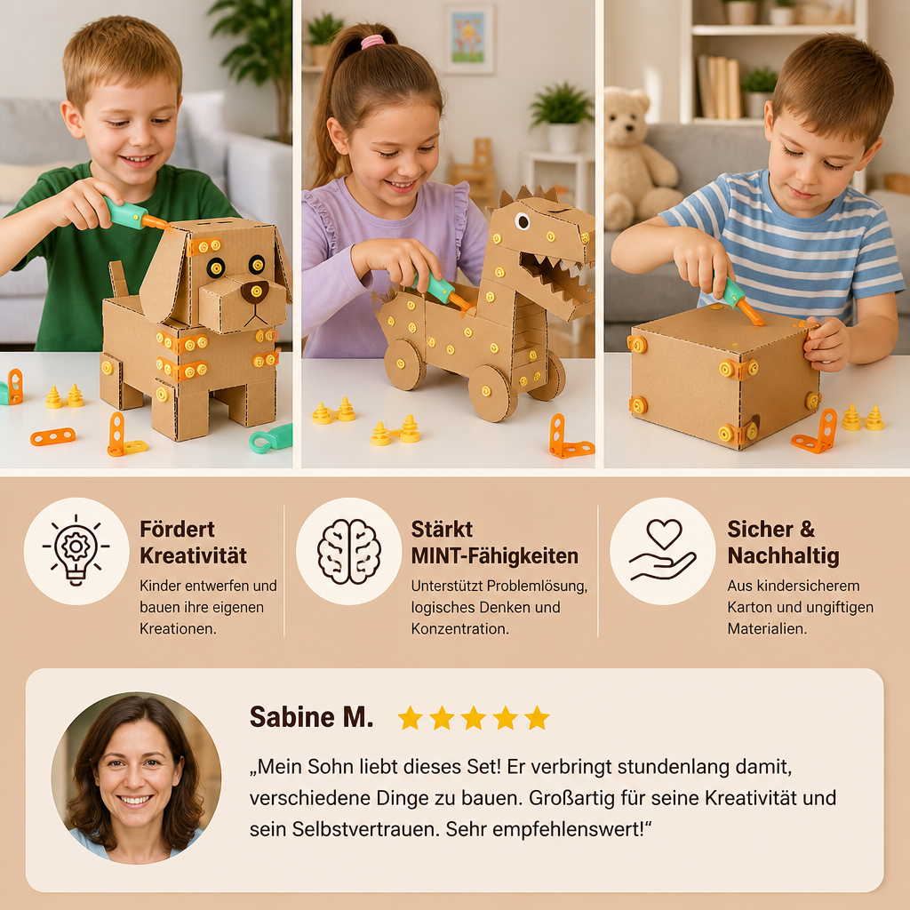Sicheres 100-teiliges MINT-Konstruktionsset aus Pappe mit Werkzeugset für Kinder