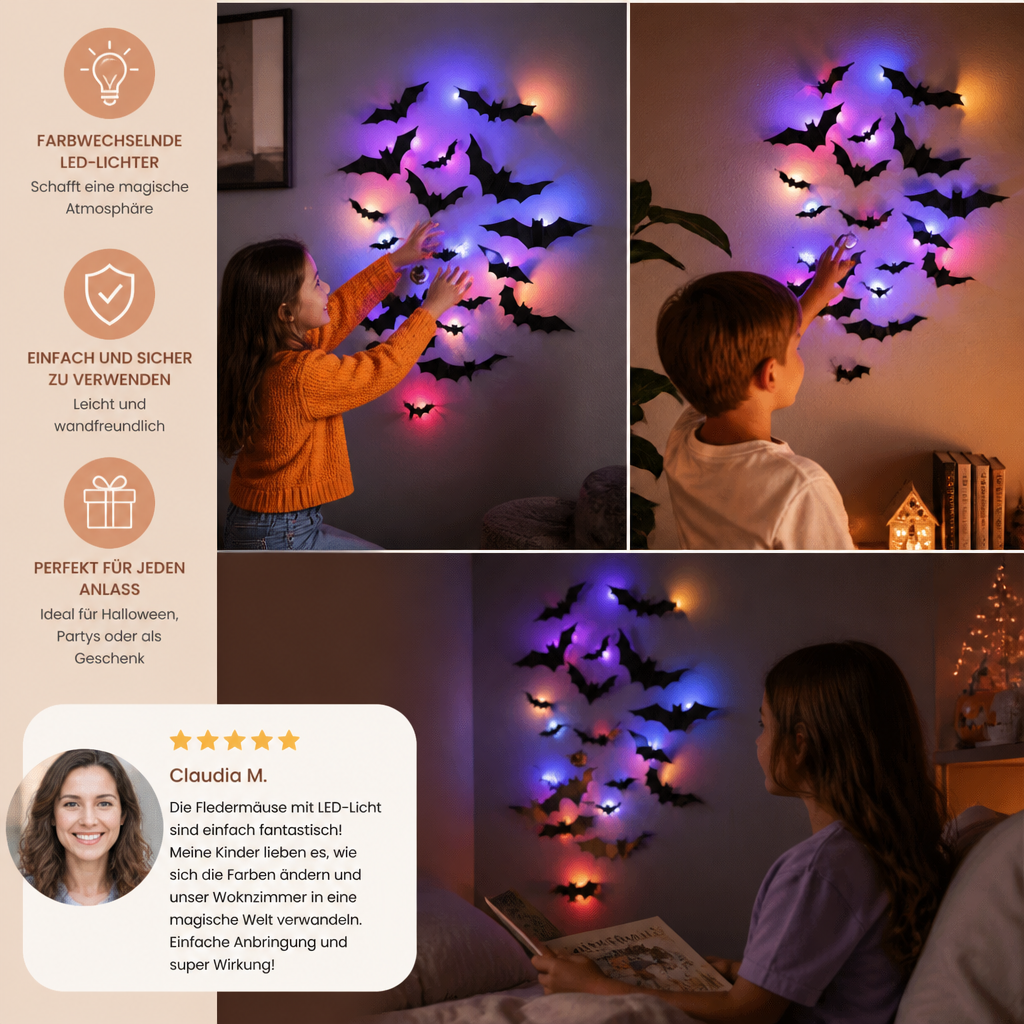 3D-LED-Halloween-Fledermaus-Wanddekoration mit Farbwechsel-Lichtern