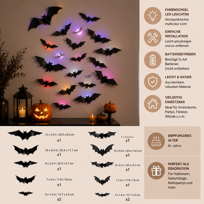 3D-LED-Halloween-Fledermaus-Wanddekoration mit Farbwechsel-Lichtern