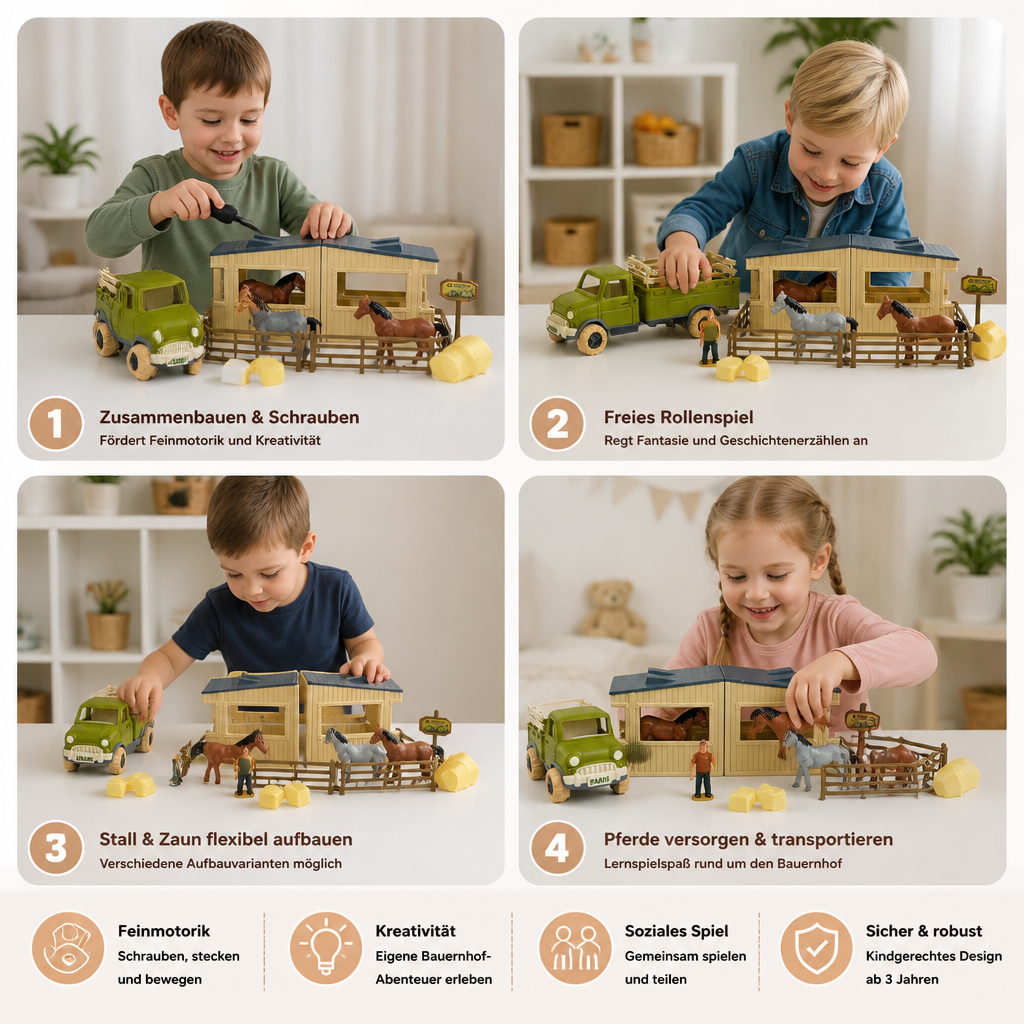DIY zerlegbares Bauernhof-LKW- & Pferdestall-Spielset für Kinder