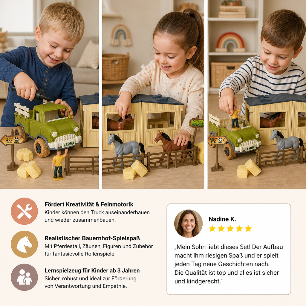 DIY zerlegbares Bauernhof-LKW- & Pferdestall-Spielset für Kinder