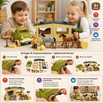 DIY zerlegbares Bauernhof-LKW- & Pferdestall-Spielset für Kinder