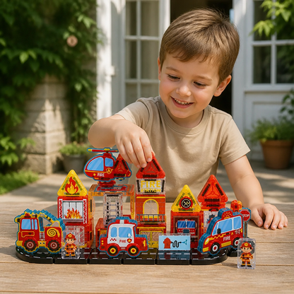 40-Piece Magnetic Travel Building Set with Construction, Fire Truck & Police Vehicles