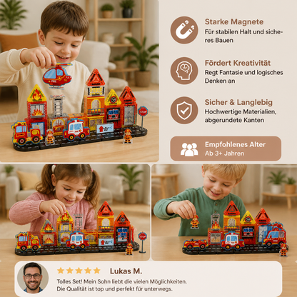 40-Piece Magnetic Travel Building Set with Construction, Fire Truck & Police Vehicles