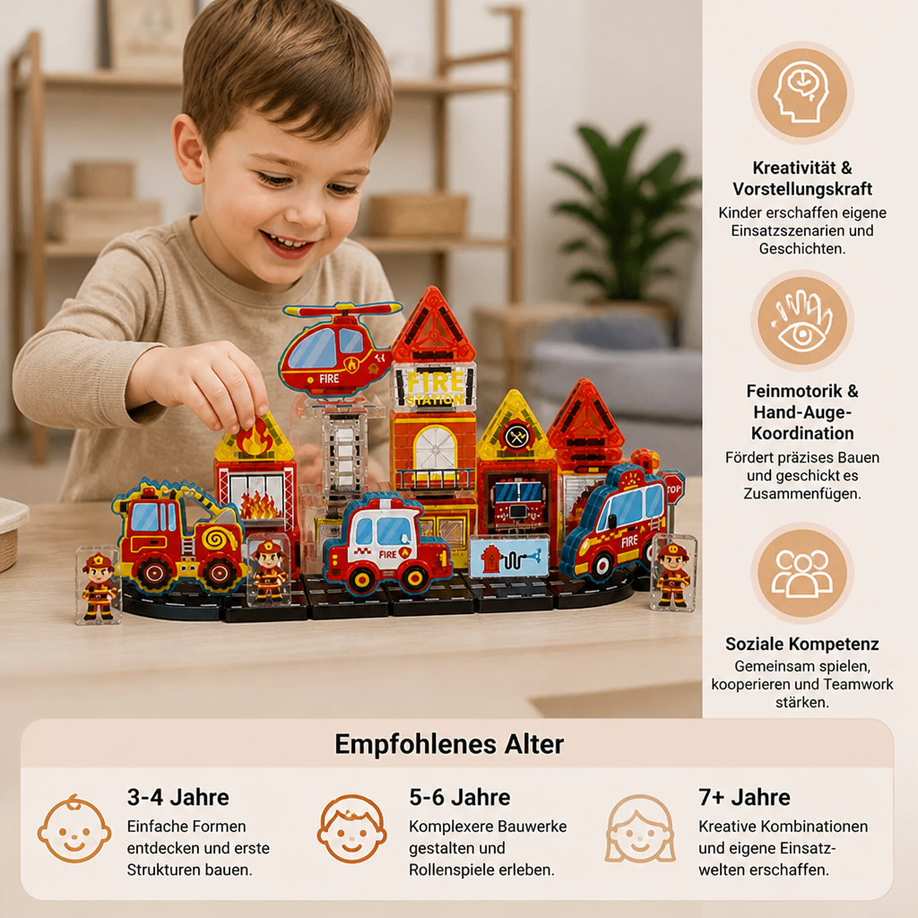 40-Piece Magnetic Travel Building Set with Construction, Fire Truck & Police Vehicles