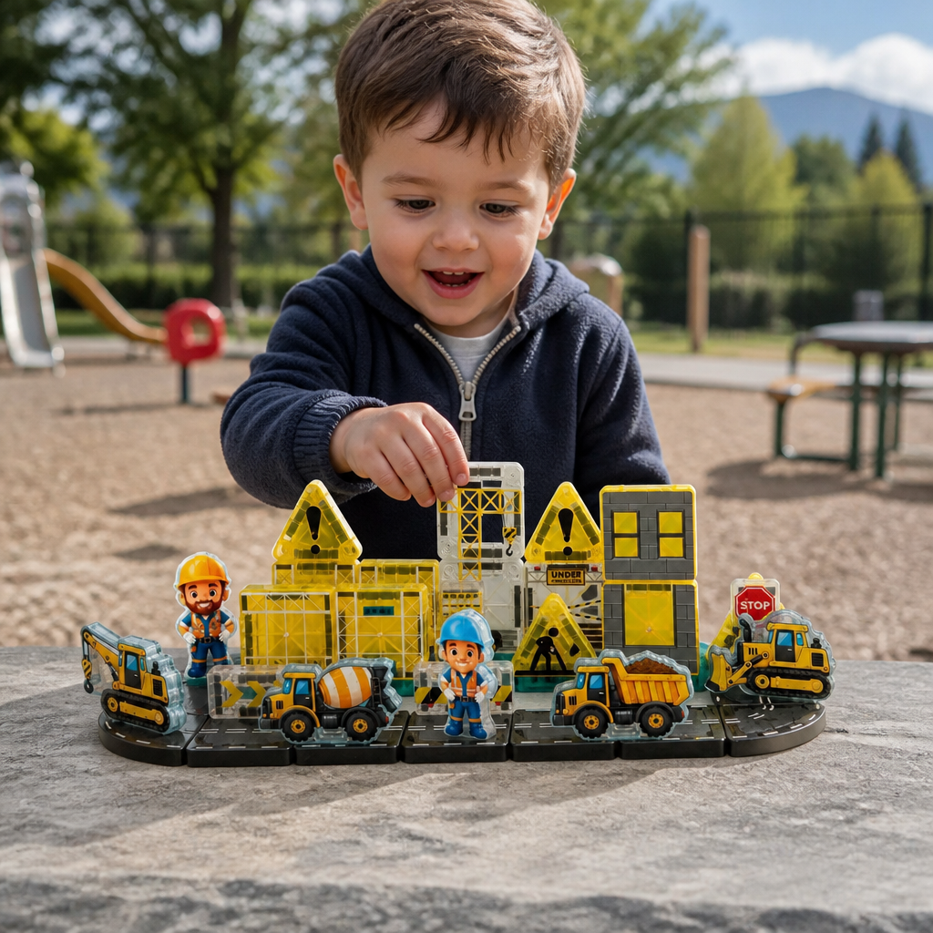 40-Piece Magnetic Travel Building Set with Construction, Fire Truck & Police Vehicles