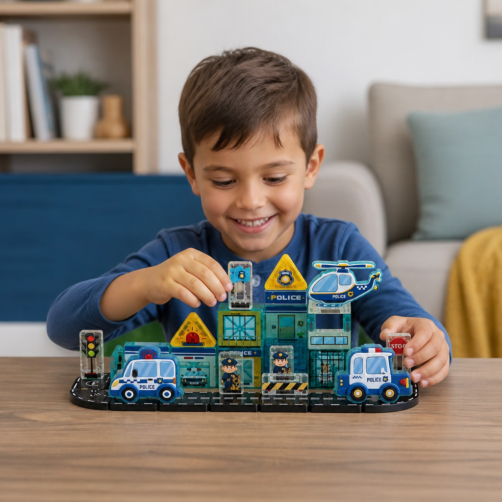 40-Piece Magnetic Travel Building Set with Construction, Fire Truck & Police Vehicles