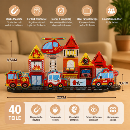 40-Piece Magnetic Travel Building Set with Construction, Fire Truck & Police Vehicles