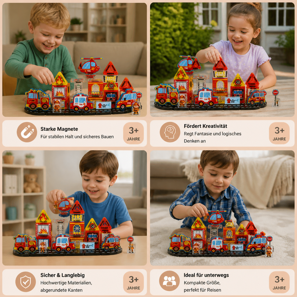 40-Piece Magnetic Travel Building Set with Construction, Fire Truck & Police Vehicles