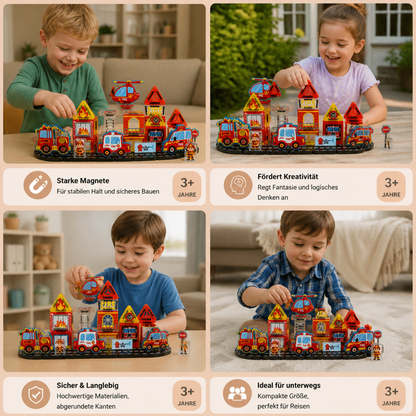 40-Piece Magnetic Travel Building Set with Construction, Fire Truck & Police Vehicles