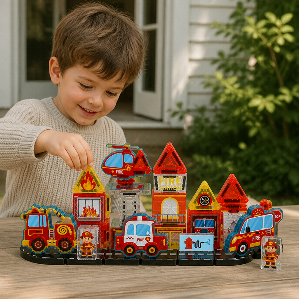 40-Piece Magnetic Travel Building Set with Construction, Fire Truck & Police Vehicles