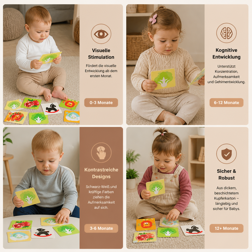 Montessori Lernkarten für Babys – Visuelle Stimulation, Farberkennung & Sortierset