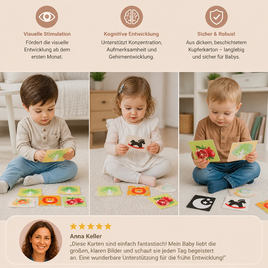Montessori Lernkarten für Babys – Visuelle Stimulation, Farberkennung & Sortierset