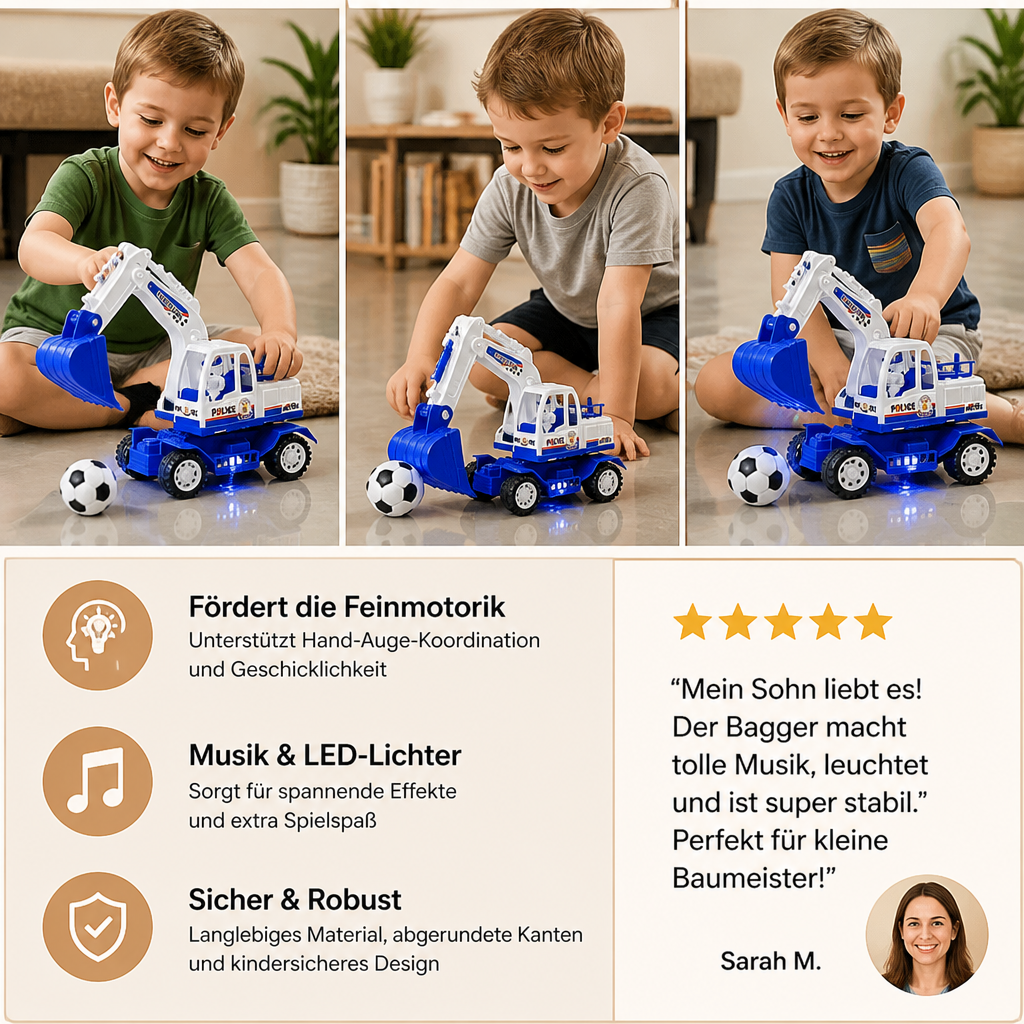 Musikalischer Bagger mit automatischer Fußball-Schaufel & LED-Lichtern