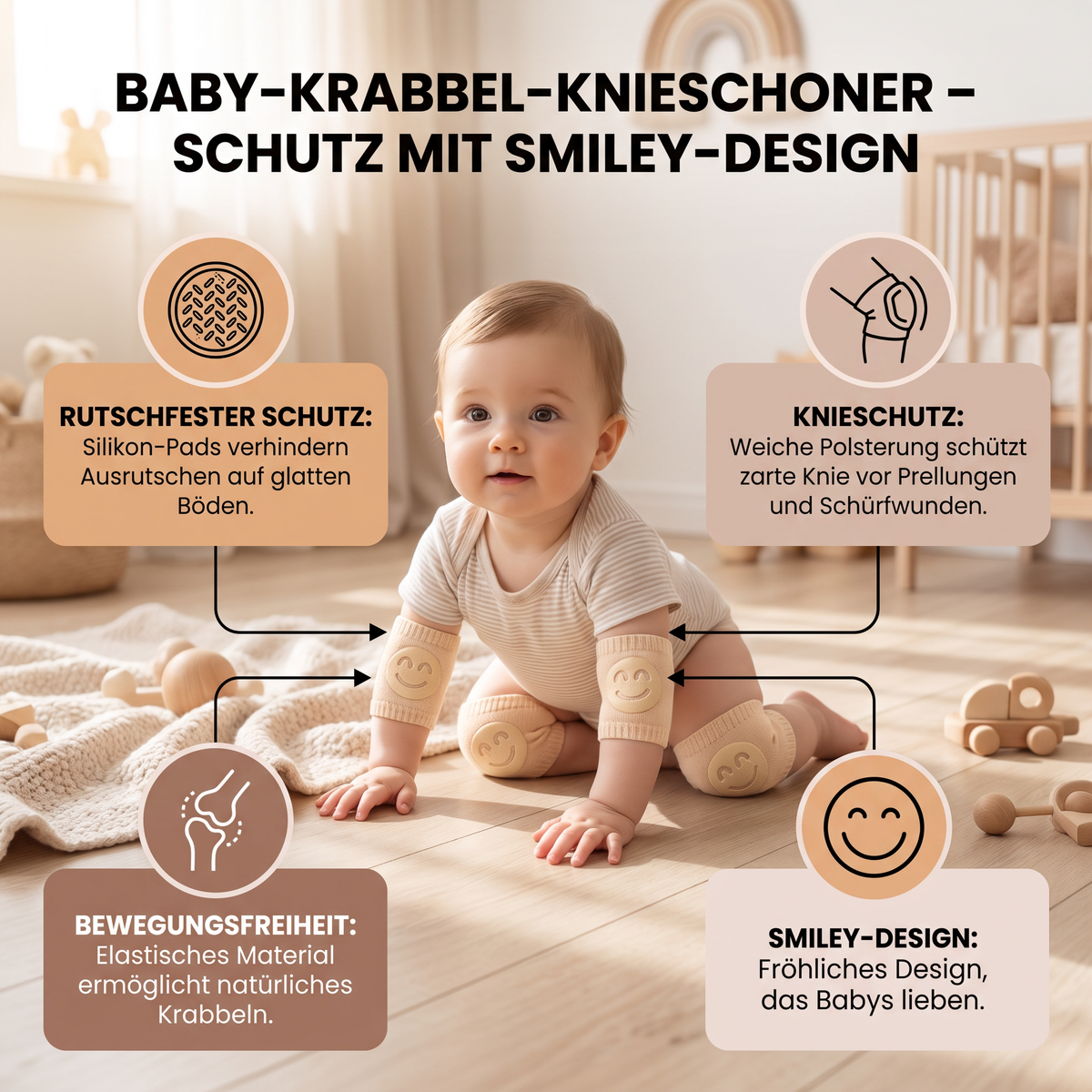 Baby-Krabbel-Knieschoner – Rutschfester Schutz mit Smiley-Design