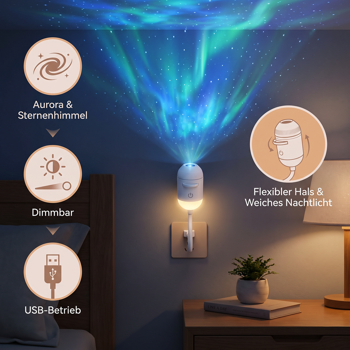 NightSky dimmbarer USB-Galaxieprojektor mit Sternen- & Auroraeffekten