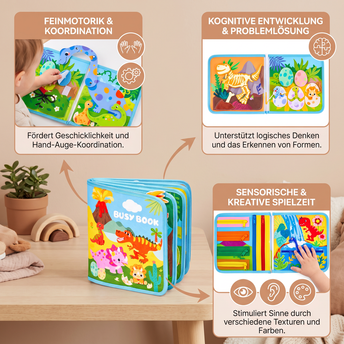 8-in-1 Montessori-Dinosaurier-Busy-Board-Aktivitätsbuch für Kleinkinder