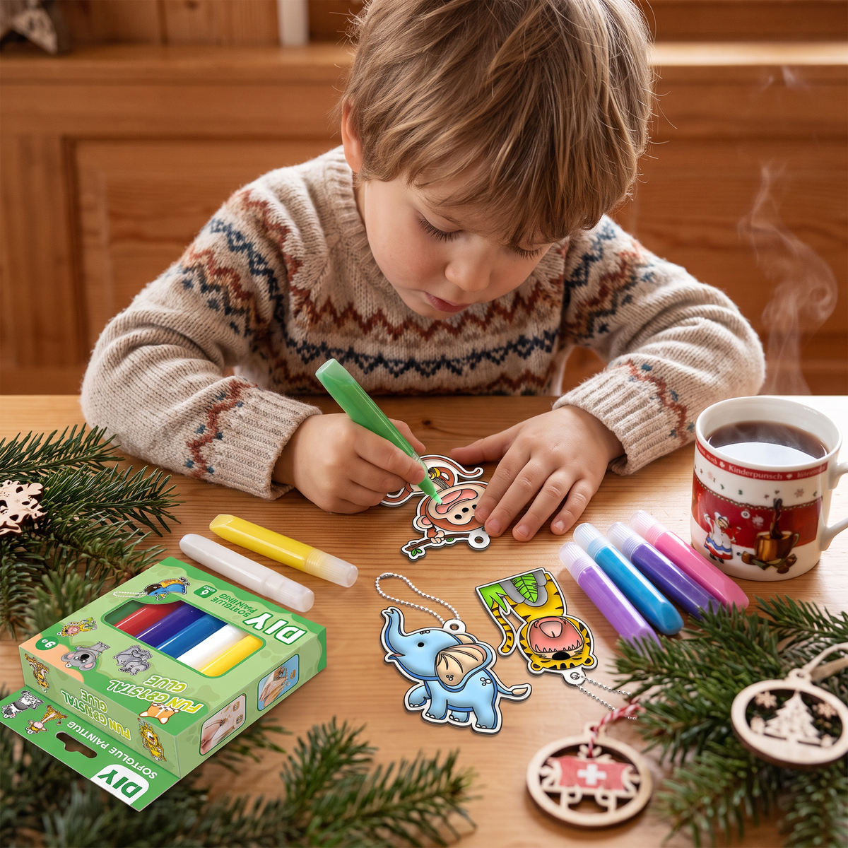 DIY-Weihnachtsanhänger-Bastelset mit kleberfreier Maltechnik für Kinder