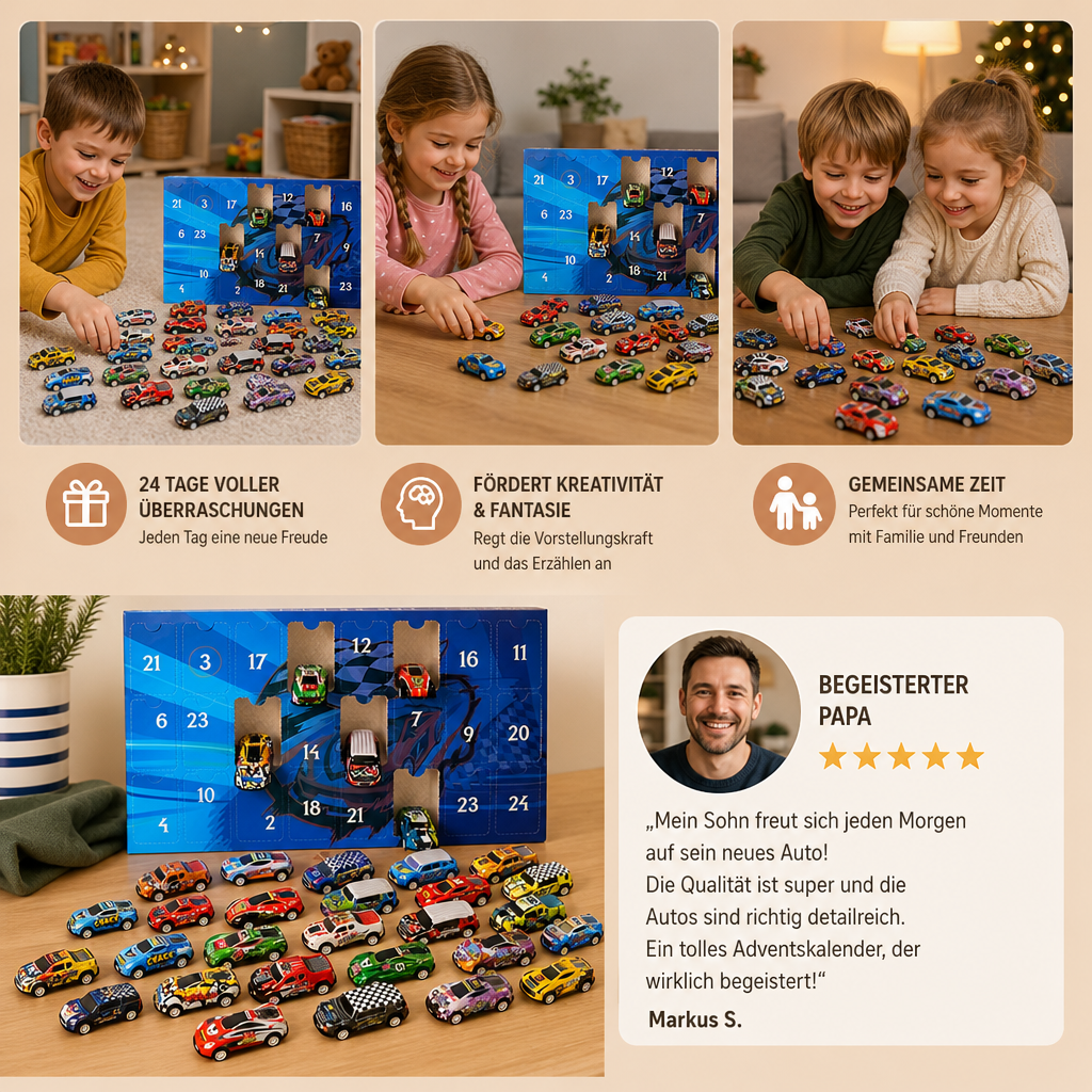 24-Tage-Rennauto-Adventskalender mit Überraschungs-Spielzeugautos