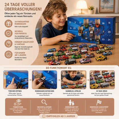 24-Tage-Rennauto-Adventskalender mit Überraschungs-Spielzeugautos