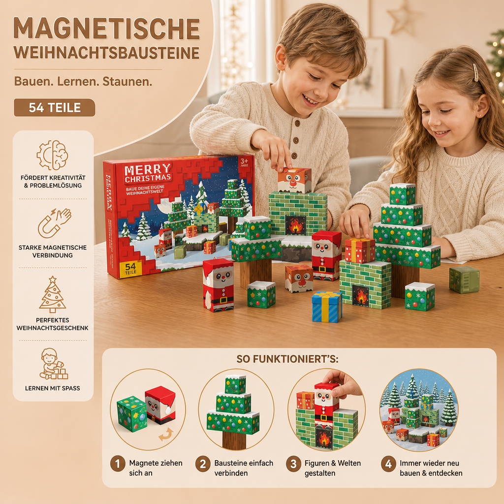 54-teiliges Weihnachts-Magnetbausteinset – Festliches MINT-Konstruktionsspielzeug