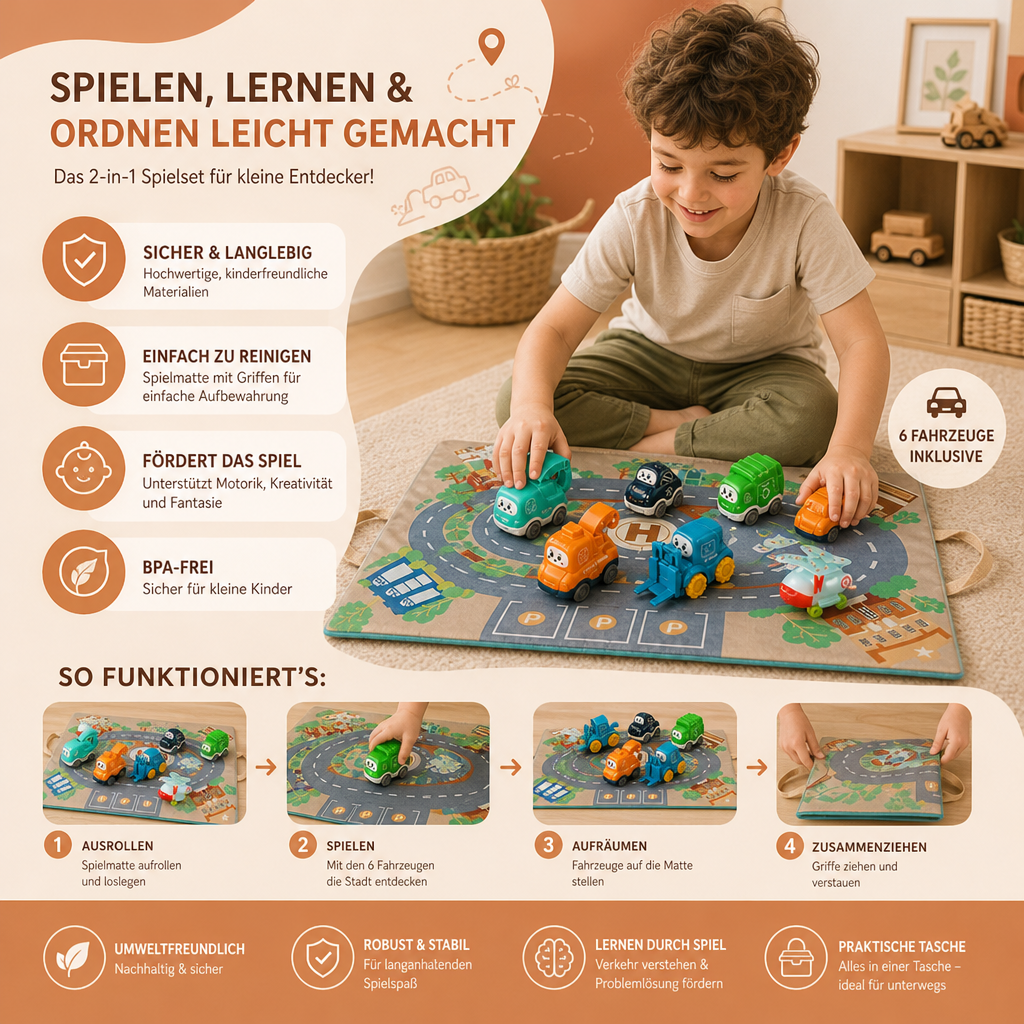 Spielzeug-LKW- & Auto-Set für Kleinkinder mit Spielmatten-Aufbewahrungstasche