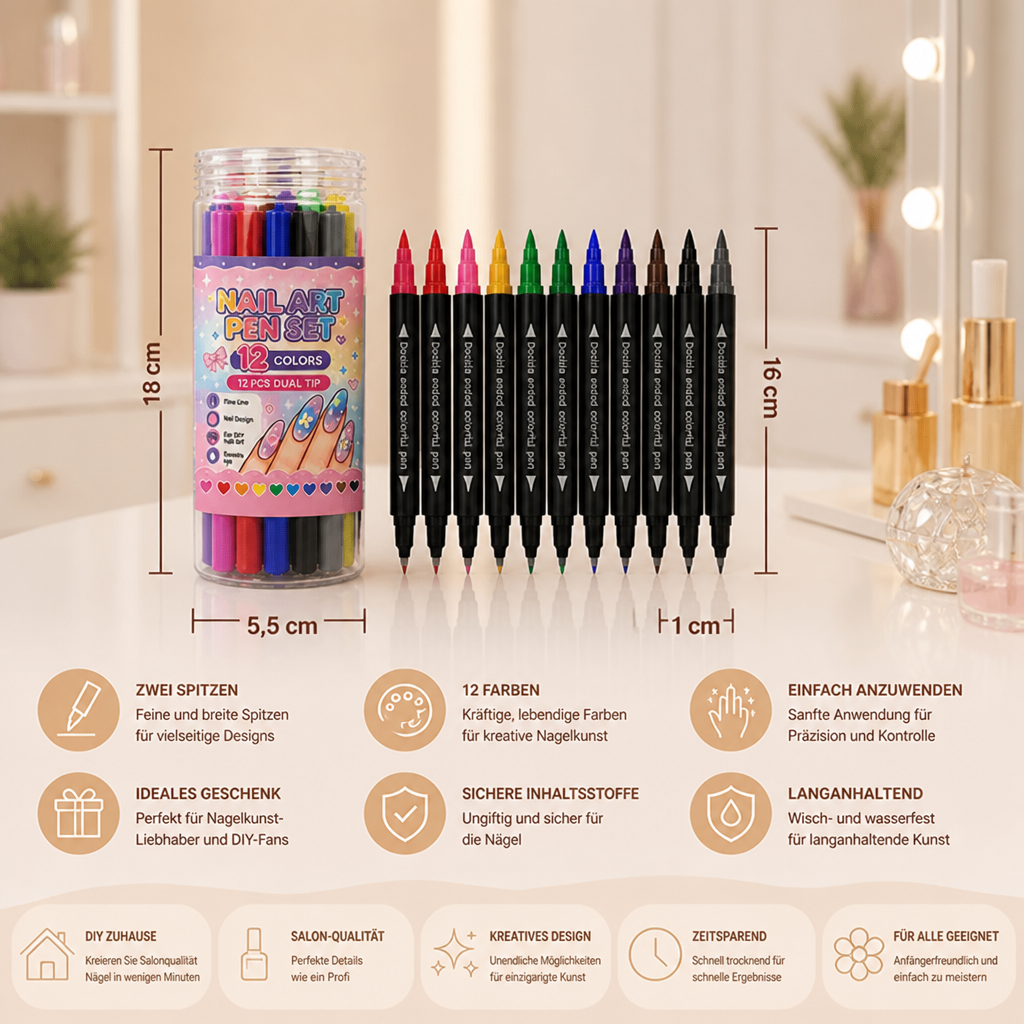 12-Farben-Nail-Art-Stifte-Set mit Doppelspitze – Für feine Details & kreative Designs