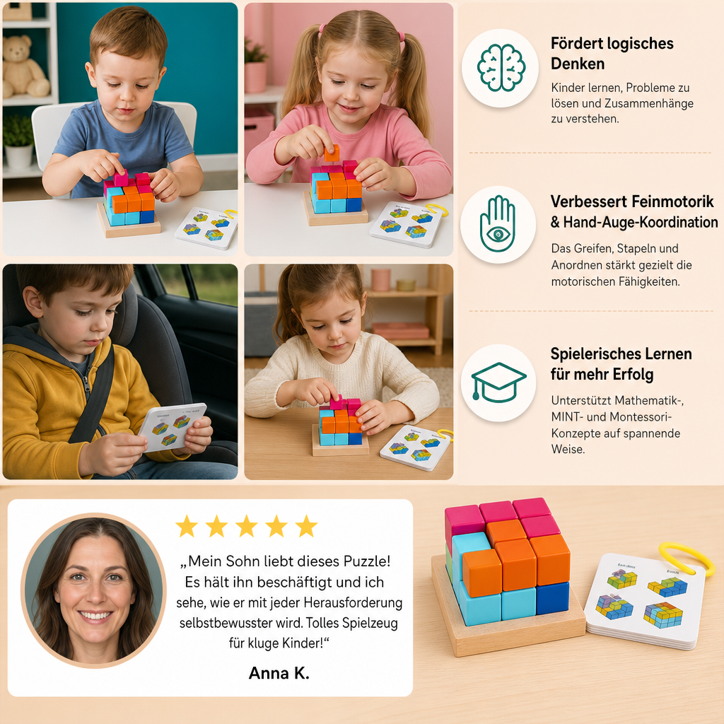 Montessori 3D-Holzpuzzle – Bunte Geometrie-Bausteine & MINT-Denkspiel