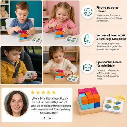 Montessori 3D-Holzpuzzle – Bunte Geometrie-Bausteine & MINT-Denkspiel