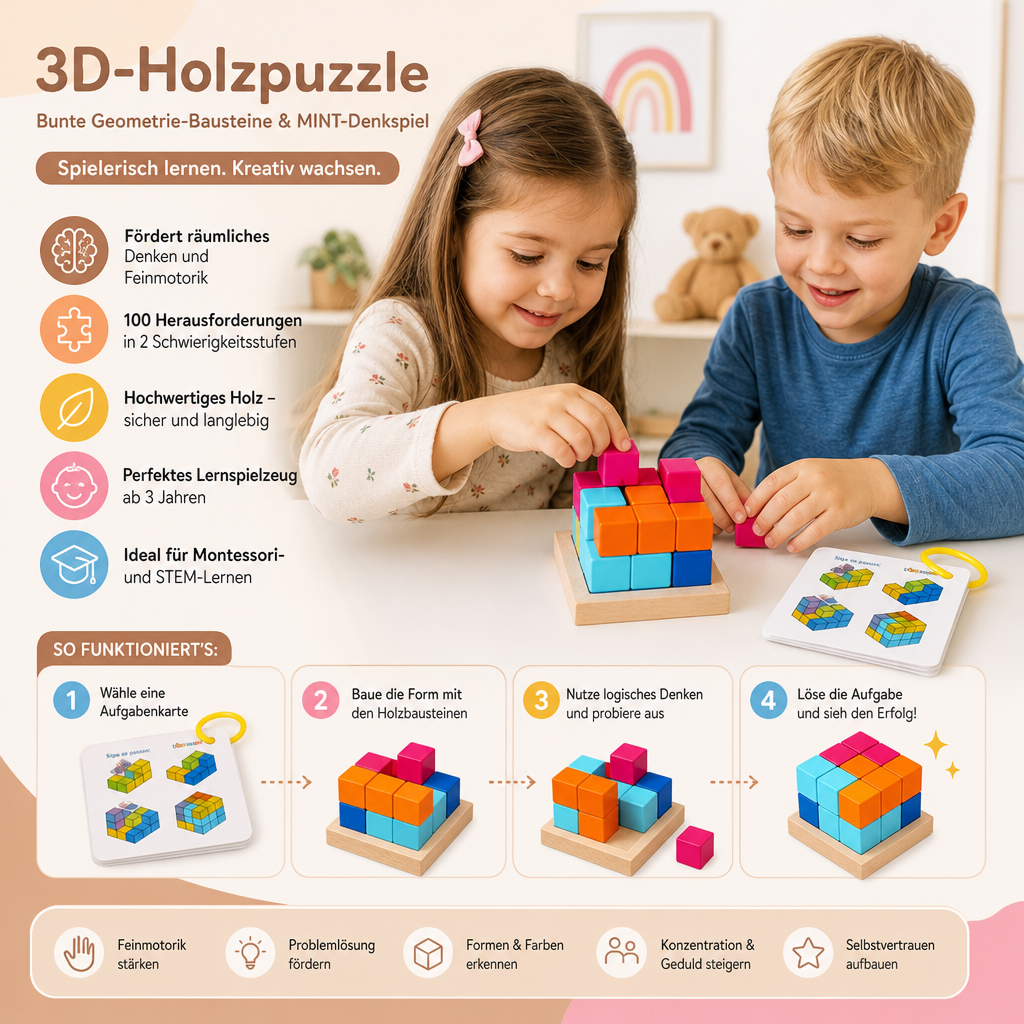 Montessori 3D-Holzpuzzle – Bunte Geometrie-Bausteine & MINT-Denkspiel