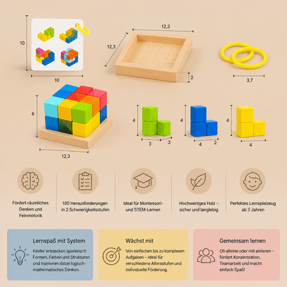 Montessori 3D-Holzpuzzle – Bunte Geometrie-Bausteine & MINT-Denkspiel