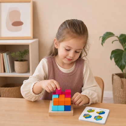 Montessori 3D-Holzpuzzle – Bunte Geometrie-Bausteine & MINT-Denkspiel
