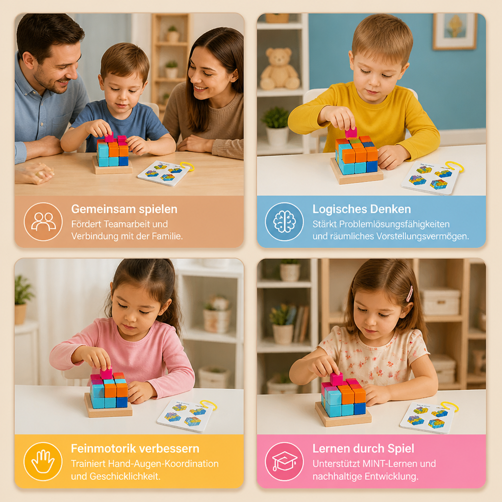 Montessori 3D-Holzpuzzle – Bunte Geometrie-Bausteine & MINT-Denkspiel