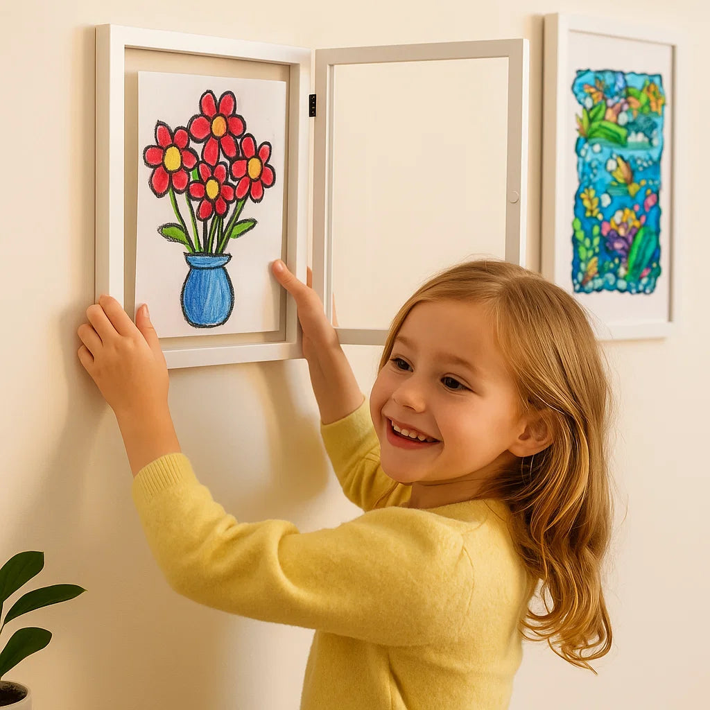 Kinderkunst-Bilderrahmen ⎜ Aufklappbarer Bilderrahmen mit Stauraum für Zeichnungen und kreative Projekte