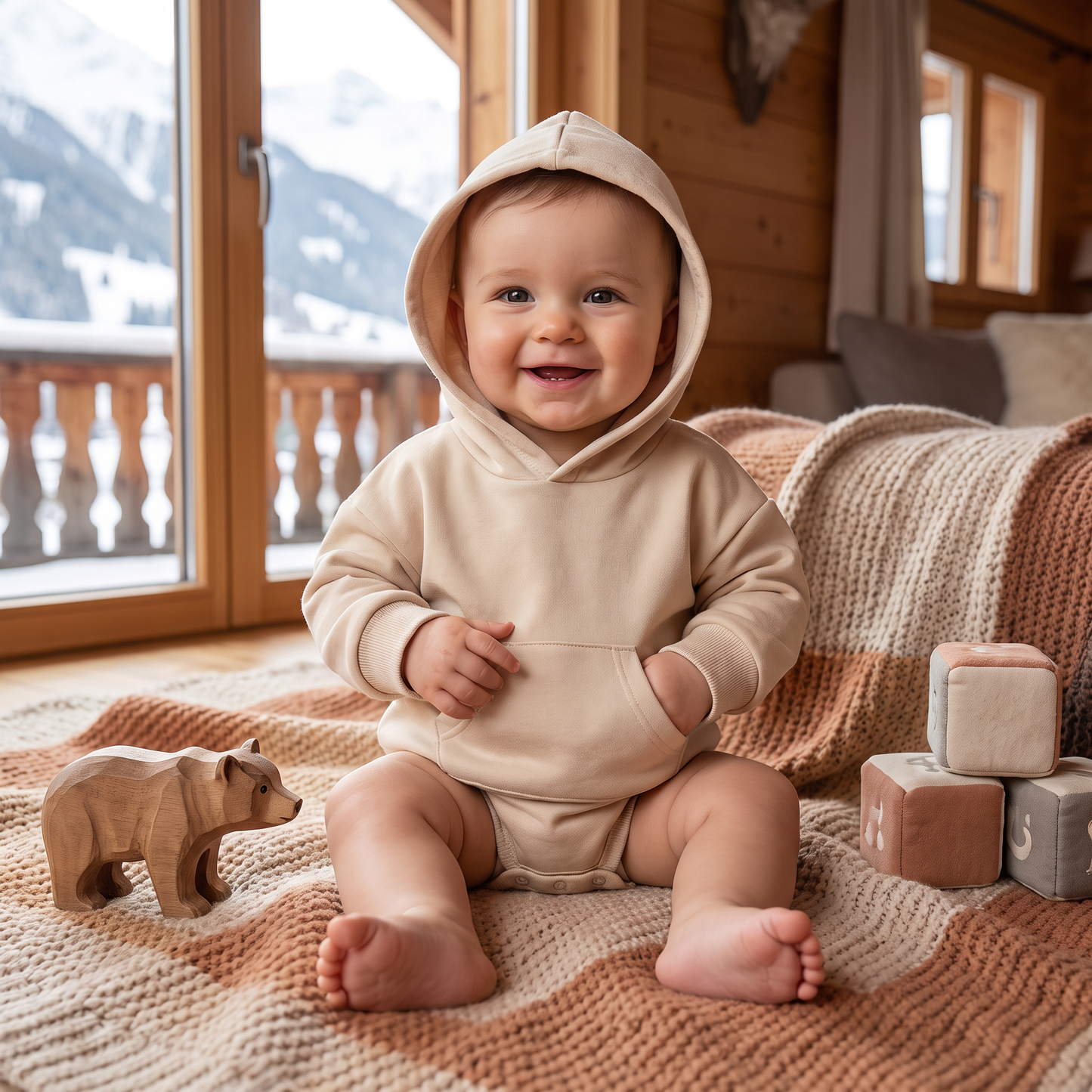 Baby-Strampler mit Kapuze – Weicher Langarm-Einteiler mit Fronttasche