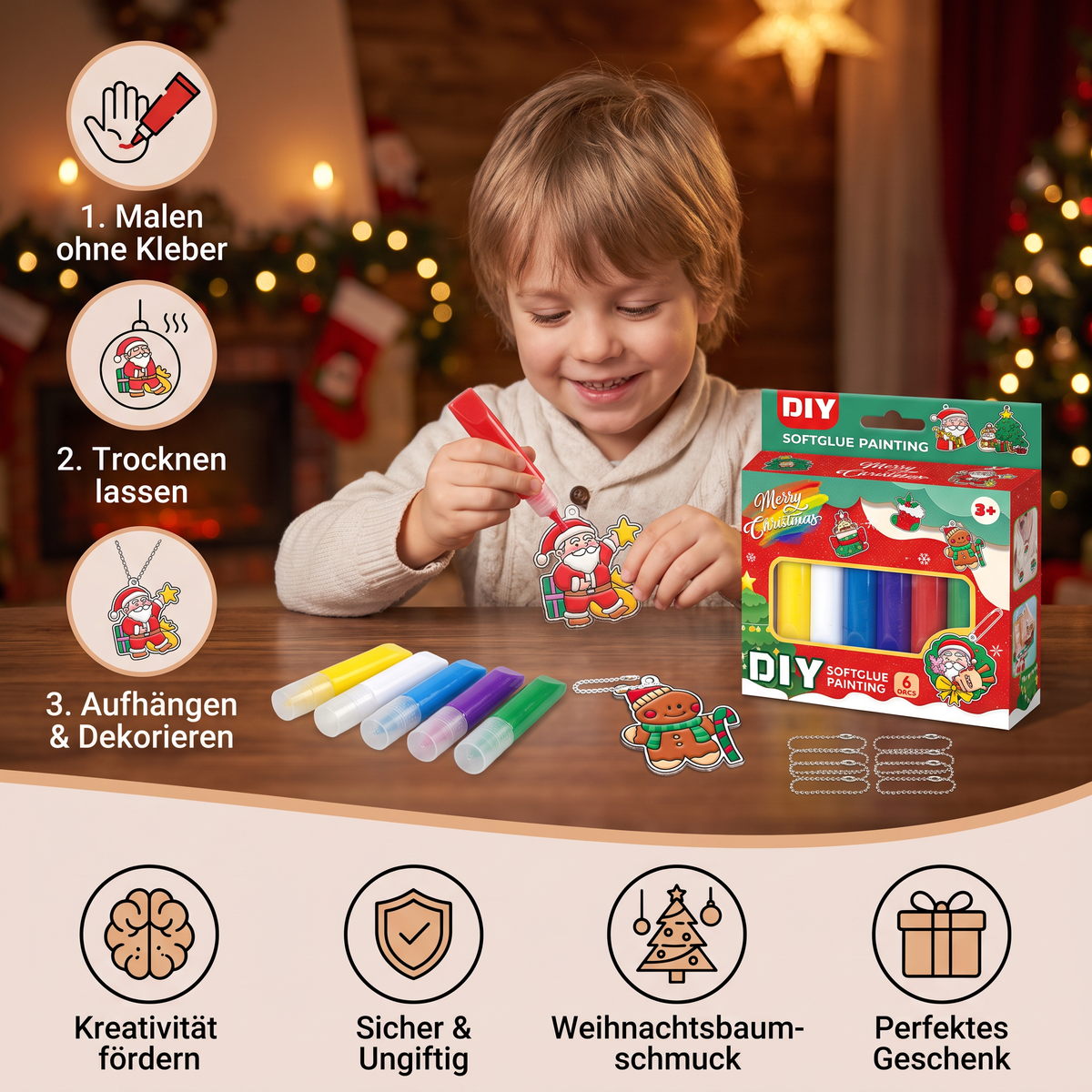 DIY-Weihnachtsanhänger-Bastelset mit kleberfreier Maltechnik für Kinder