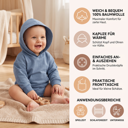 Baby-Strampler mit Kapuze – Weicher Langarm-Einteiler mit Fronttasche