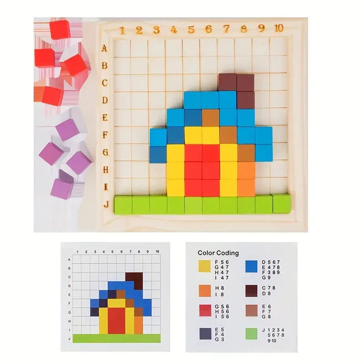 Holzpixel-Puzzlespiel für Kinder ⎜ Farbsortierblöcke mit Gitterbrett für Logik und Mustererkennung