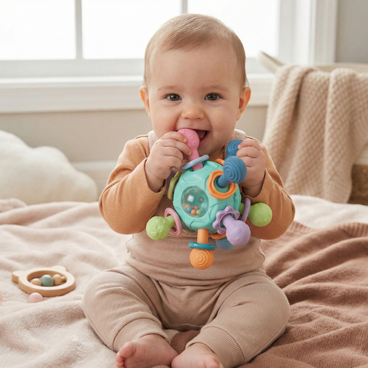 Sensorischer Baby-Greifball mit Silikon Beißhilfe und Rassel
