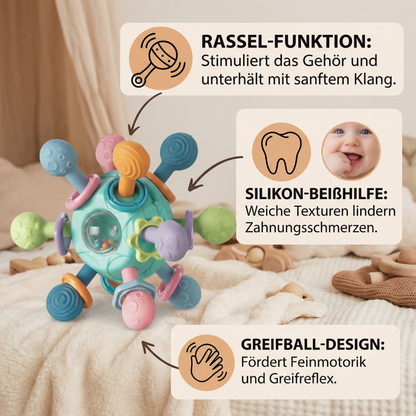 Sensorischer Baby-Greifball mit Silikon Beißhilfe und Rassel